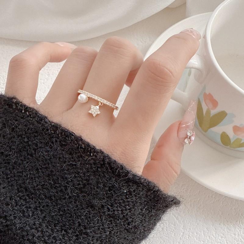 Adjustable Open Ring With Star Charm Zircon Pendant Women Minimalist Boho Jewelry Gift