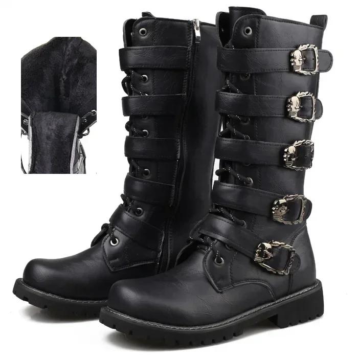 Fashion Large Size Men's Leather Motorcycle Boots Mid-calf Combat Boots Gothic Belt Punk Boots Men Shoes Tactical Boot 2025