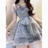 Puff Sleeve Fairy Elegant Dress Women Sweet Mesh Bow Ruffled Casual Dress Summer Square Collar Short Dresses Female 28136