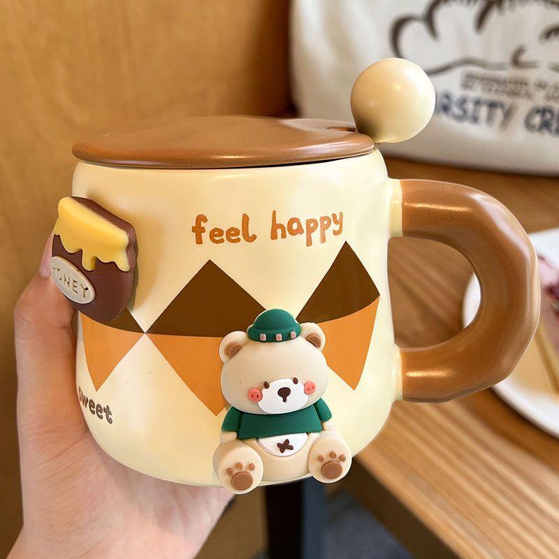Кружка Honey Bear из утолщенной керамики с крышкой и ложкой, кофейная чашка, 3D магнитная съемная адсорбционная вешалка, посуда для питья