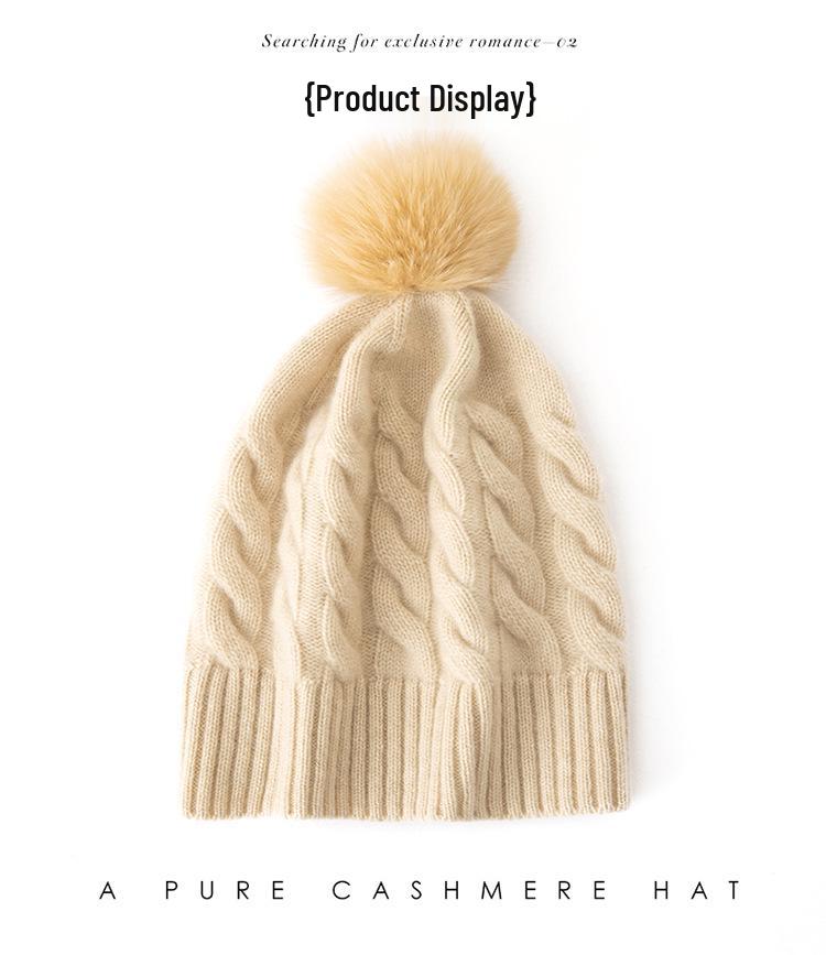 Women's 100% Cashmere Pom-Pom Hat - Three-Strand Winter Knit, Versatile Cable, Warm Ear Protection