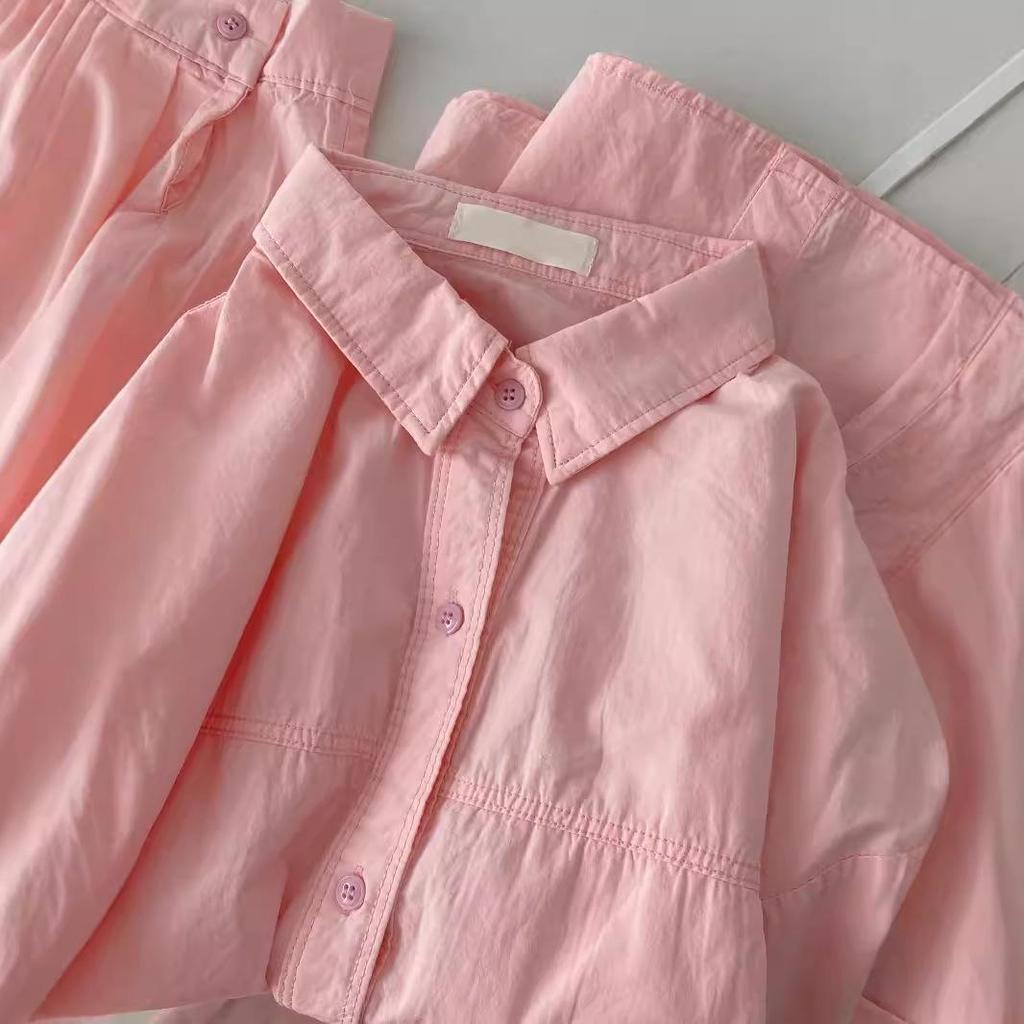 Женский голубой кардиган-рубашка с длинным рукавом из чистого хлопка - Тонкий французский стиль для весны, осени, лета