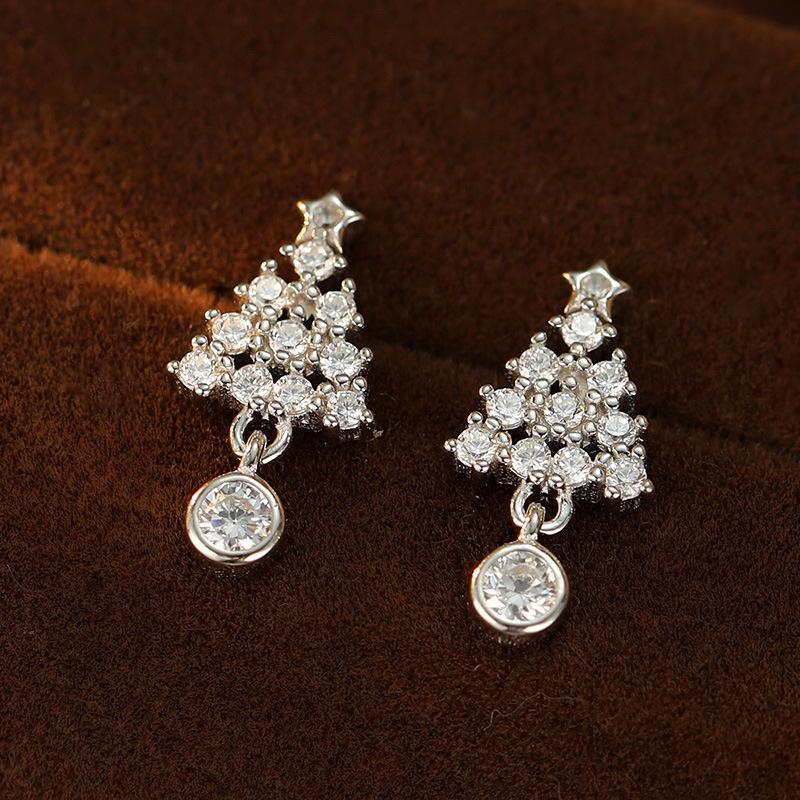 Banyan Tree S925 Silver Christmas Earrings: Elegant Diamond Women's Gift for Autumn/Winter
