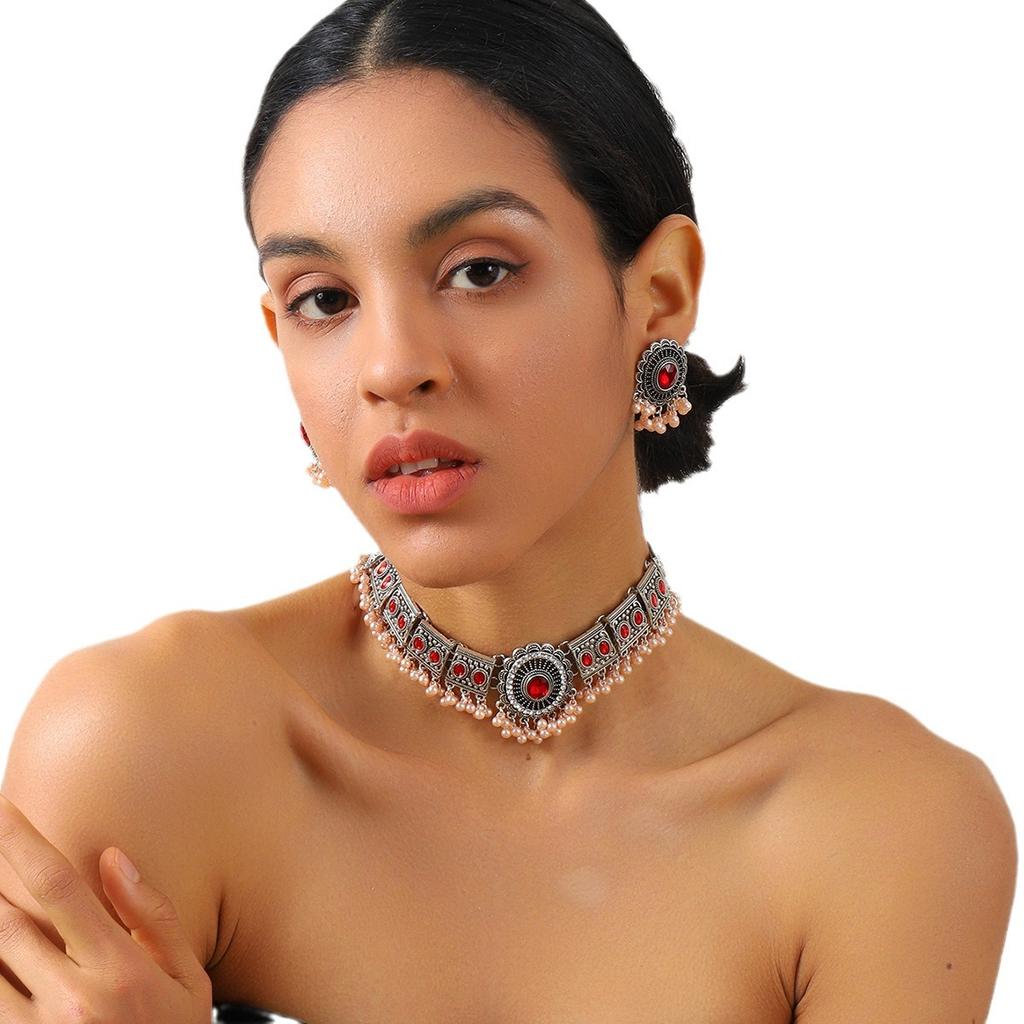 Модная ретро-шаровая цепочка на шею с кисточками, женская цепочка с бриллиантами и цветком на ключицу, древнее серебро, геометрическое ожерелье, комплект сережек