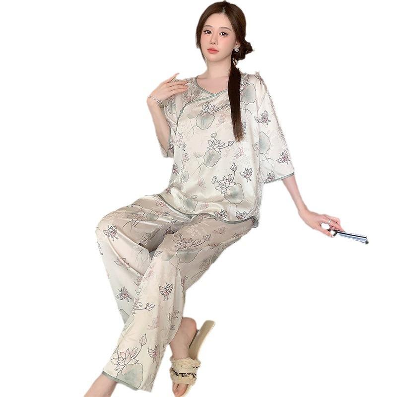 National style printed trousers medium sleeves antique home ice and snow silk jacquard ice silk pajamas women's summer new home clothes
