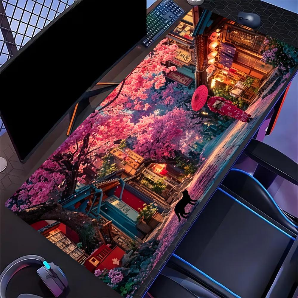 Japanese Night Sakura Town Extended Gaming Mouse Pad Non Slip Desk Surface Cherry Blossom Landscape Print For Gaming And Office