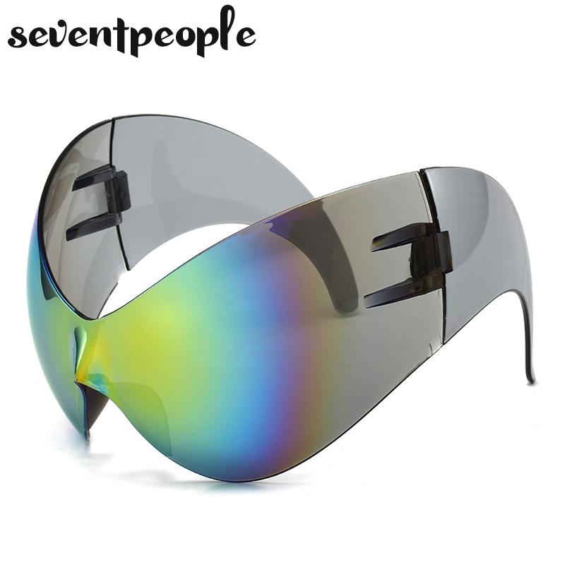 Oversized Punk Y2k Sports Sunglasses Women Men 2000's Steampunk One Piece Sun Glasses Luxury Brand Rimless Cat Eye Shades UV400