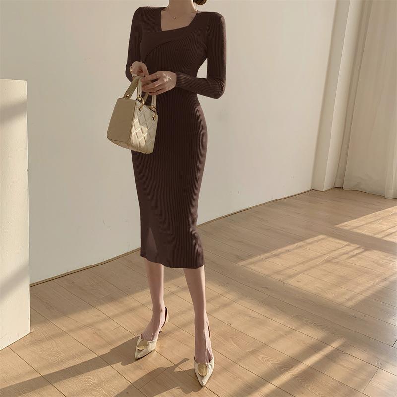 Нежный темперамент, мягкое трикотажное платье, осенне-зимняя женская одежда, облегающее шерстяное платье с V-образным вырезом и облегающим бедрами