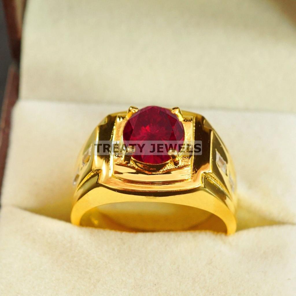 Ruby Oval Cut With 925 Sterling Silver Gold Plated Ring For Men's #B519 JL375684090654