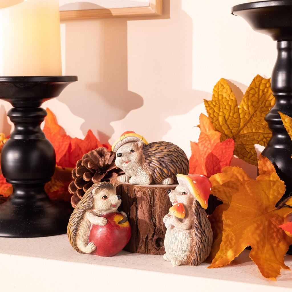 Valery Madelyn Autumn Ornaments, Seasonal Decor, Cute Hedgehog Set of 3 Figurines, Objects, Interior Decor, Outdoor Decor, Statues, Autumn Garden,