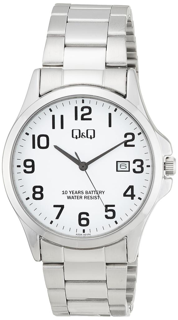 Мужские часы Citizen Analog с батарейкой, датой, металлическим корпусом, белым циферблатом, Q&Q, срок службы 10 лет, водонепроницаемые, дисплей, ремешок, A23A-001PK,