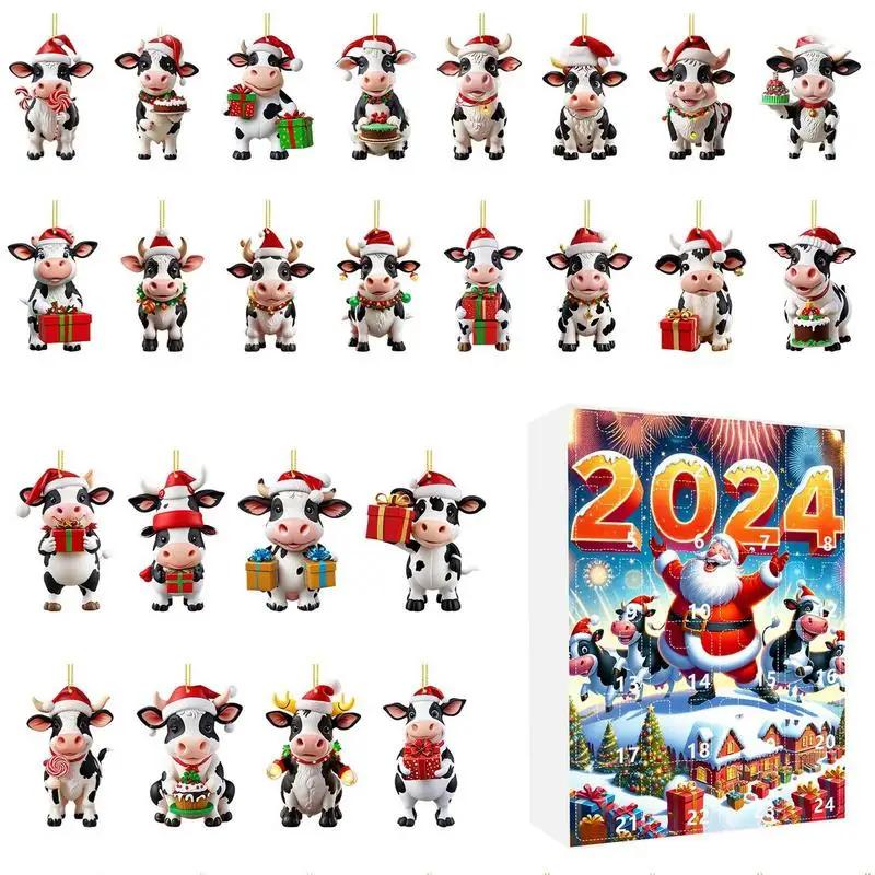 Рождественский адвент-календарь 2024 года «Корова в шапках Санты», 24-дневный рождественский адвент-календарь, 2D-украшение рождественской елки в виде коровы из Хайленда