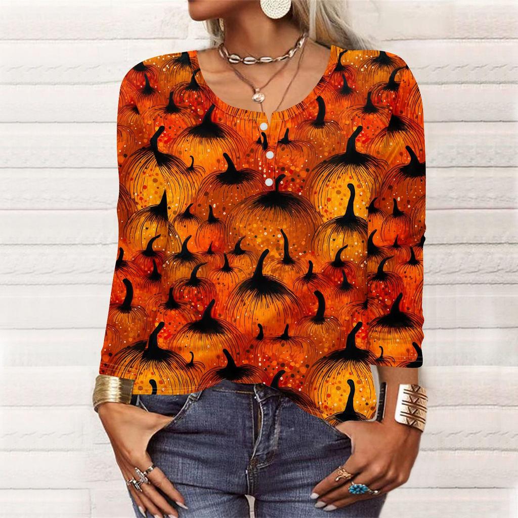 Long Sleeve Shirts For Women Halloween Pattern Print Graphic Tees Blouses Casual Plus Size Basic Tops Pullover