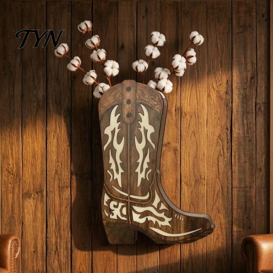 Western Cowboy Boot Wall Decor Wooden Boots Planter for Indoor Plants, Flower Hanging Vase Themed Store Art Faux Flower, Rustic Home Bathroom Bedroom