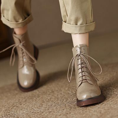 Мода НОВЫЕ Осенние Туфли Женские Ботинки из Лакированной Кожи Круглый Носок Массивный Каблук Женские Ботинки Зимние Однотонные На Шнуровке Ботильоны Вестерн Ботинки Женские