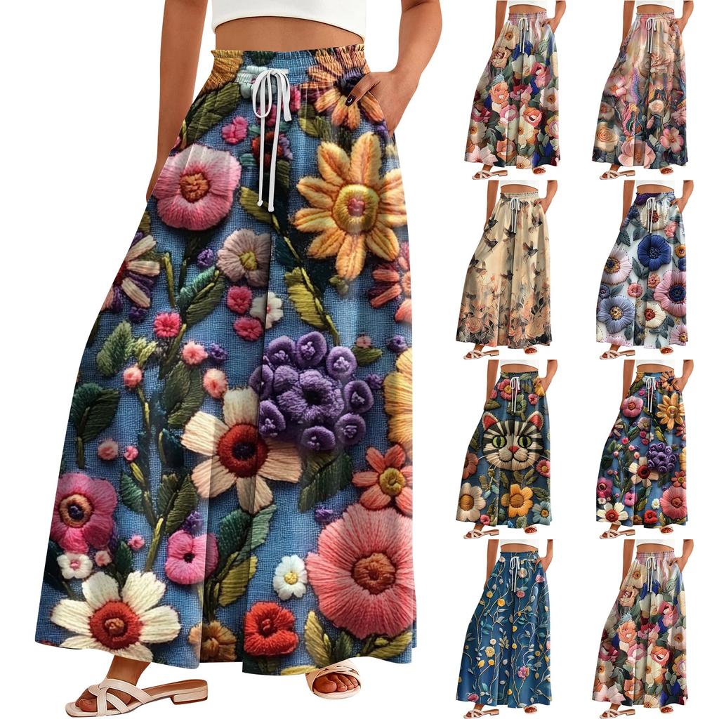 Women's Pocket High-waisted Wide-leg Pants Floral Print Casual Pants