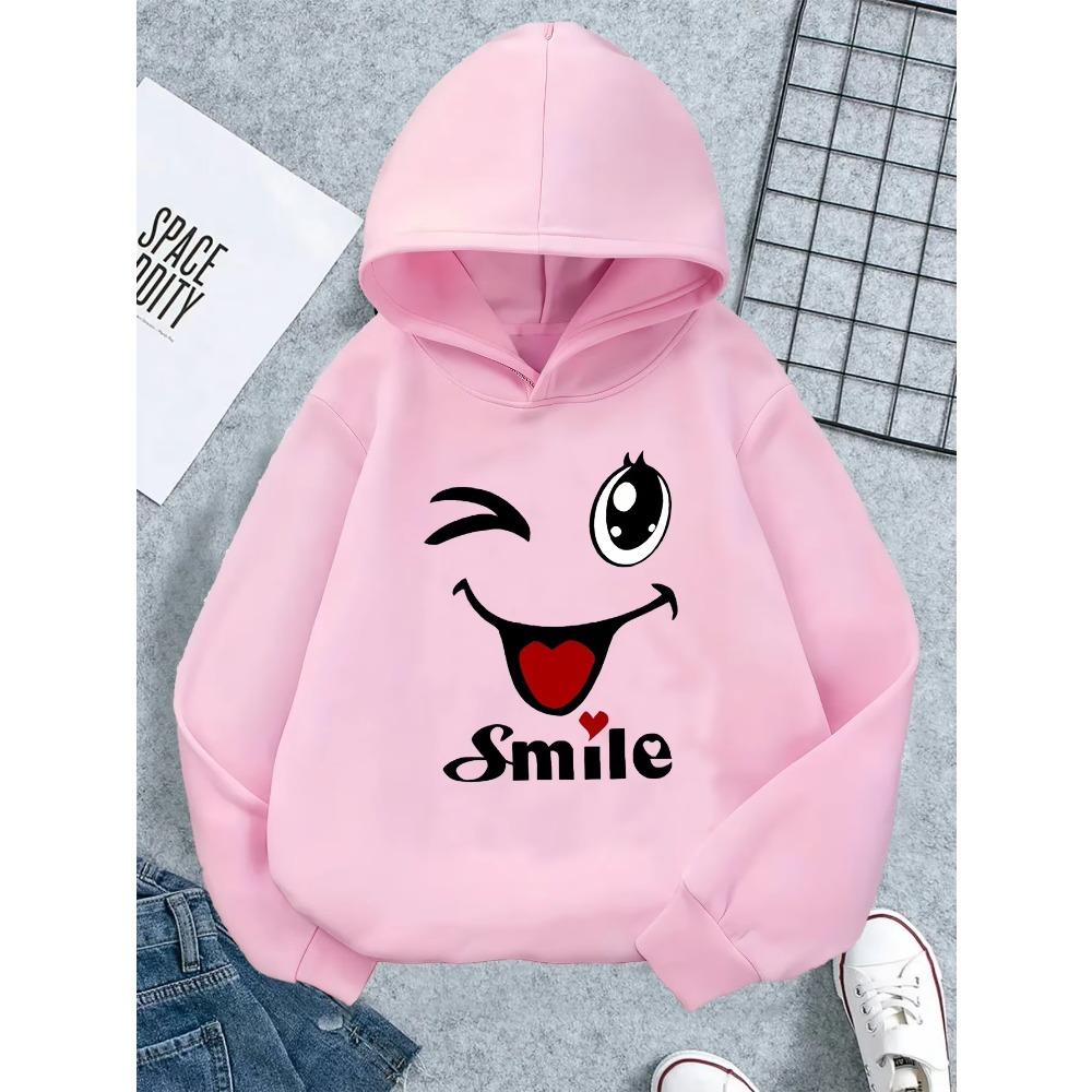 Girls' Long Sleeve Hoodie with Winking Joyful Face Print Casual Sweatshirt Multiple Colors Available Cute 1pc Girls' Hoodie