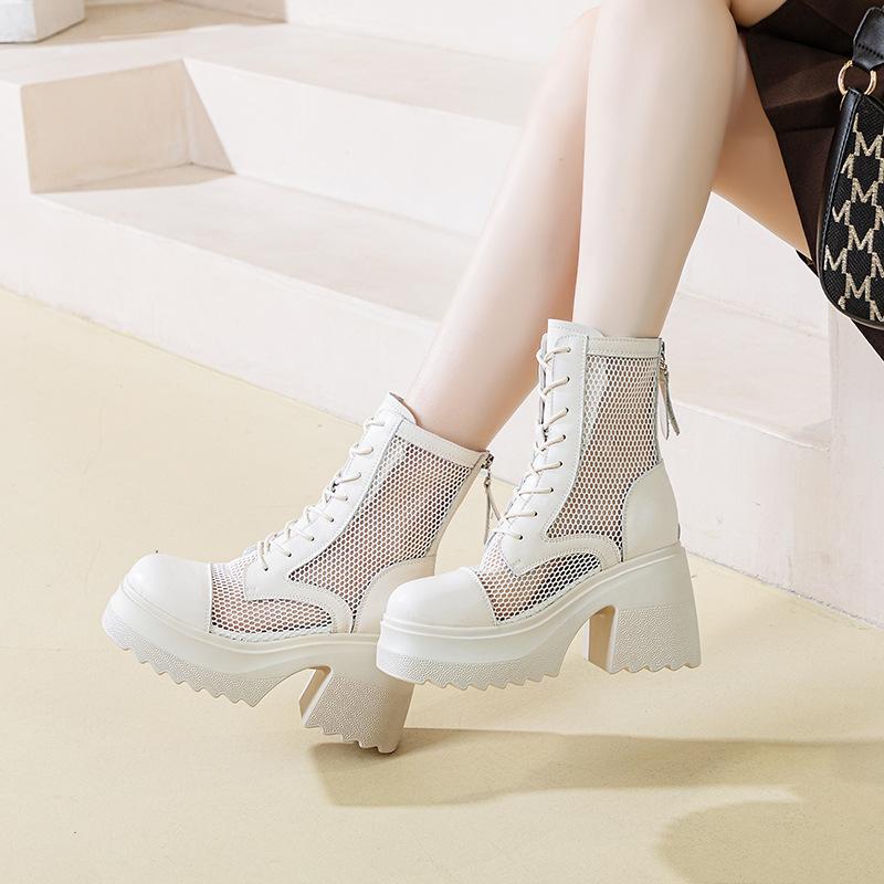 10cm Leather Thick Soled Mesh Boots for Women, New Hollowed Out Martin Boots. Small Stature Makes You Look Taller and Slimmer, Martin Boots