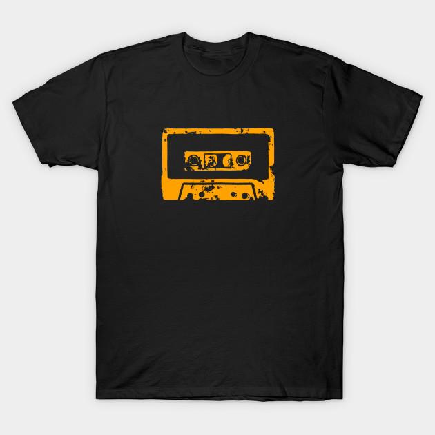 Asian Size Men Black Print T-shirt Orange Cassette Tape No-Cut Heat Transfer Print Cotton Tshirt