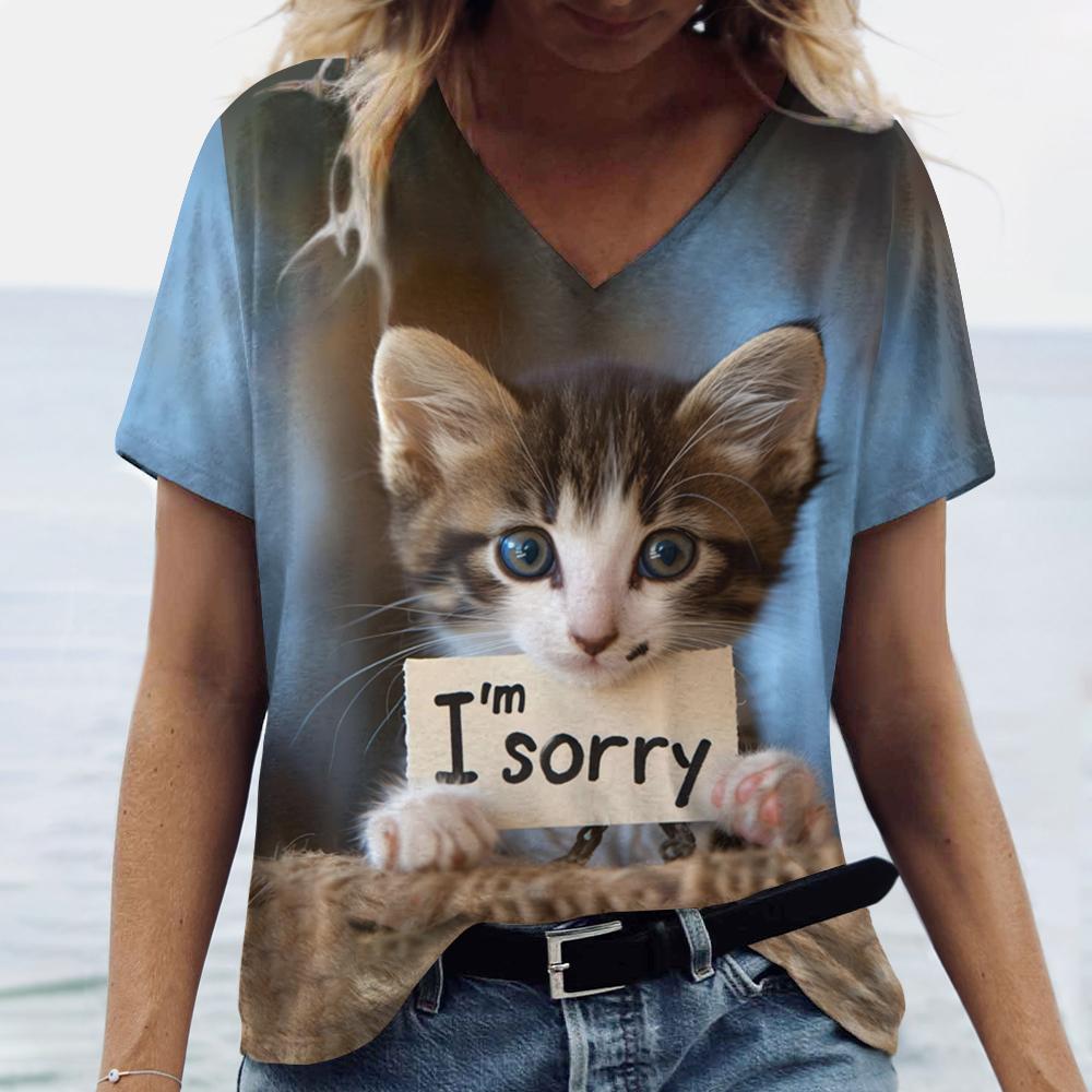 Летняя футболка с принтом «Забавный кот, извини», 3D, женская уличная одежда, повседневные футболки, топы Y2k, женские футболки с V-образным вырезом в стиле Харадзюку, свободная одежда