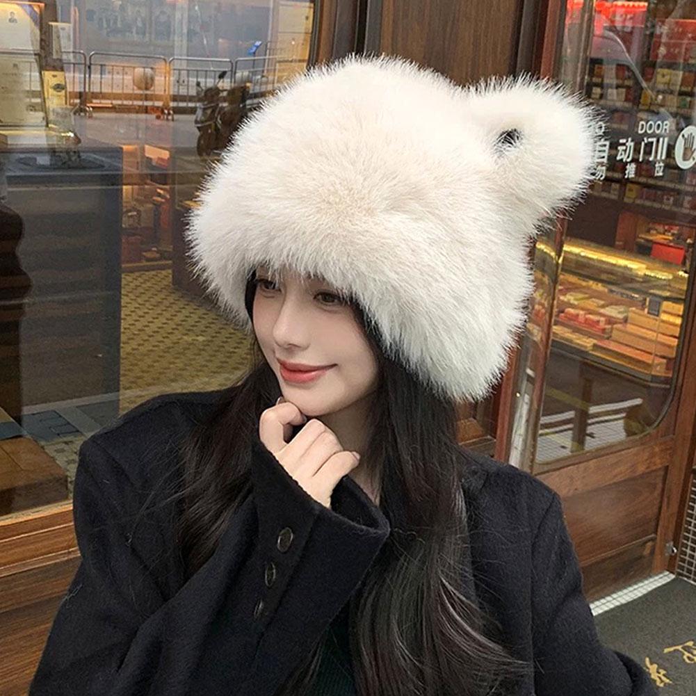 Модная меховая шапка с медвежьими ушками для женщин Меховая шляпа Осень и Зима Меховые шапки Монгольская шапка Без полей Плюшевая Пушистая Лыжная Шапка для Верховой Езды Теплая Шапка
