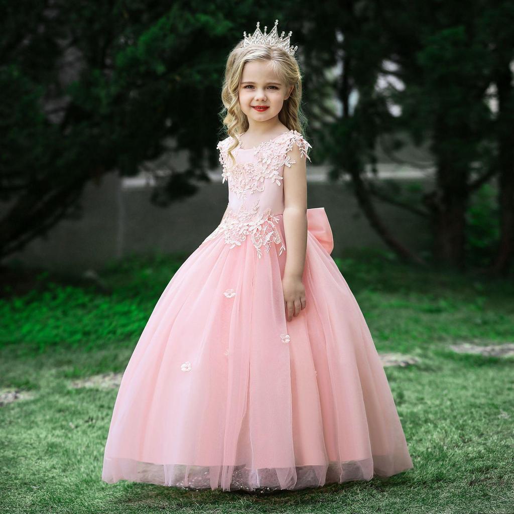 Flower Girls Dress Lace White Bow Girl Dress Christmas Costume Sequins Bridemide Gown Wedding Party Princess Dress for Girls First Communion