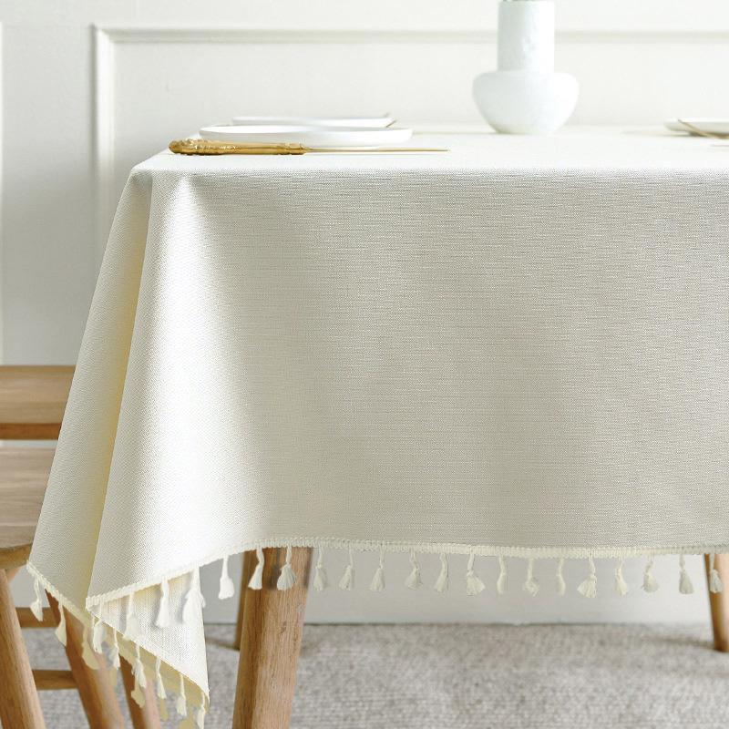 Solid Color Cotton Linen Tablecloth Lace Hanging Tassel Edge Breathable Wear-resistant Versatile Cover Dining Table Coffee Table