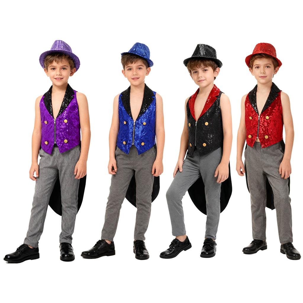 Kids Sequins Medieval Vest Victorian Tailcoat Lapel V Neck Front Zip Vest Solid Sequins Fedora Hat Circus Outfit