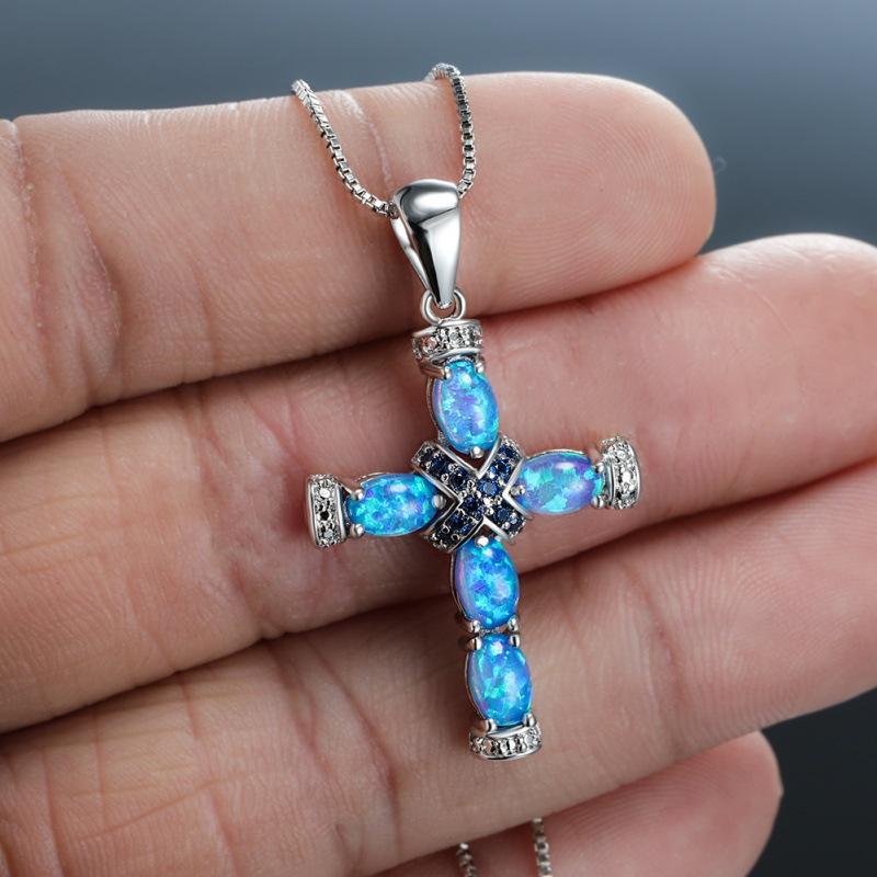 Wind pendant platinum cross cross strap diamond opal necklace exquisite ins wind