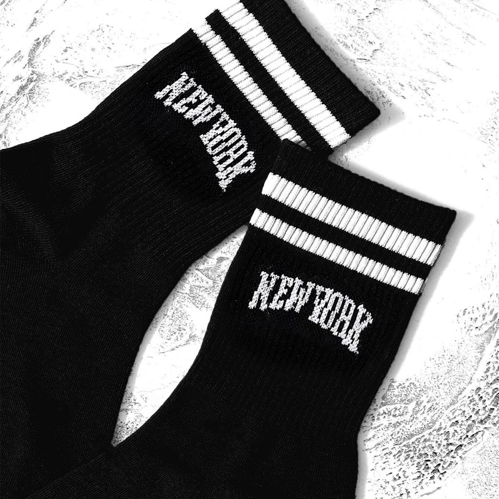3/5/10 Pairs Women's Crew Socks, Black with "New York" Lettering and Stripes, Comfortable, Breathable, Moisture-Wicking, College