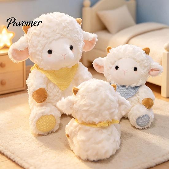 Soft Huggable Doll Cute Lamb Plush Toy, Sheep Stuffed Animal with Knit Bandana, Fluffy Curly Fur Plushie for Kids Girls Birthday Gift, Year