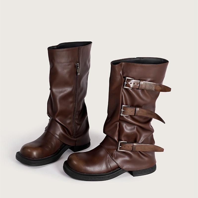 Винтажные женские мотоботы до середины икры из мягкой кожи с ремешком и пряжкой, модные ботильоны на толстом высоком каблуке, осенне-зимние ботинки в рыцарском стиле