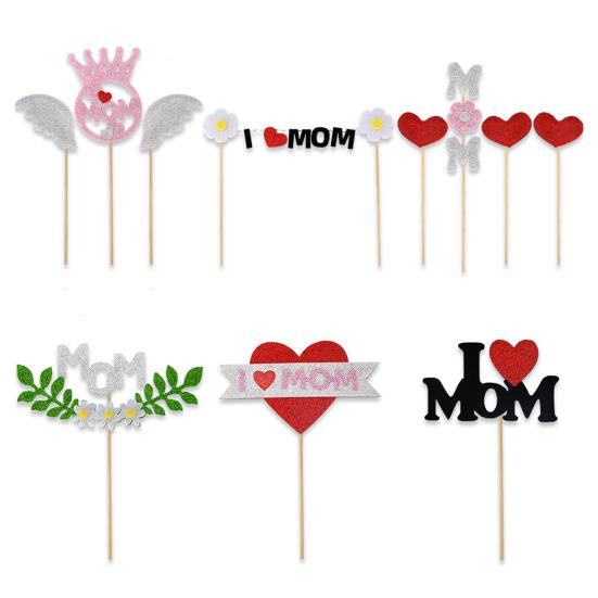 Mother's Day Cake Toppers I Love Mom Cupcake Topper Picks Glitter Hearts Flowers Crown Picks for Mom's Birthday Party Cake Decor