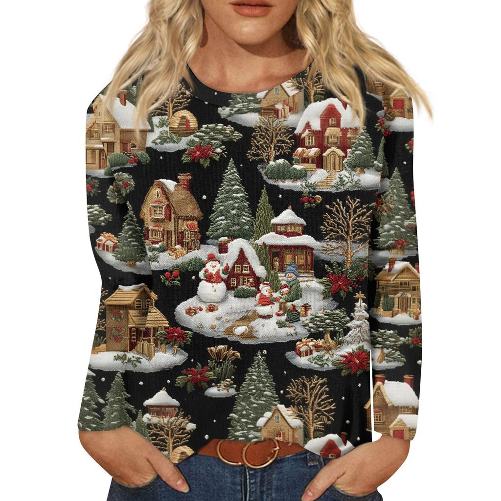 Women's Fashion Casual Long Sleeve  Print Round Neck Top