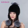 Womens Real Mink Fur Hats with Fur Pom Pom Winter Warm Knitted Ear Protection Beanies