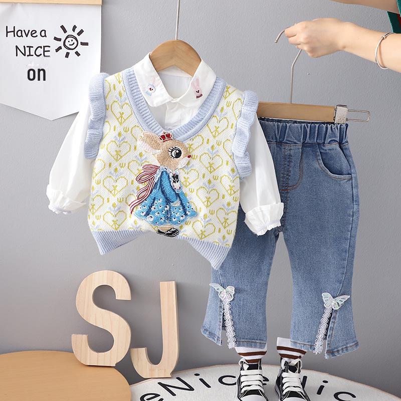 Комплект из трех предметов: кружевной свитер и жилет для девочек: Рубашка с лацканами, топ с длинными рукавами и джинсы для детей от 1 до 5 лет