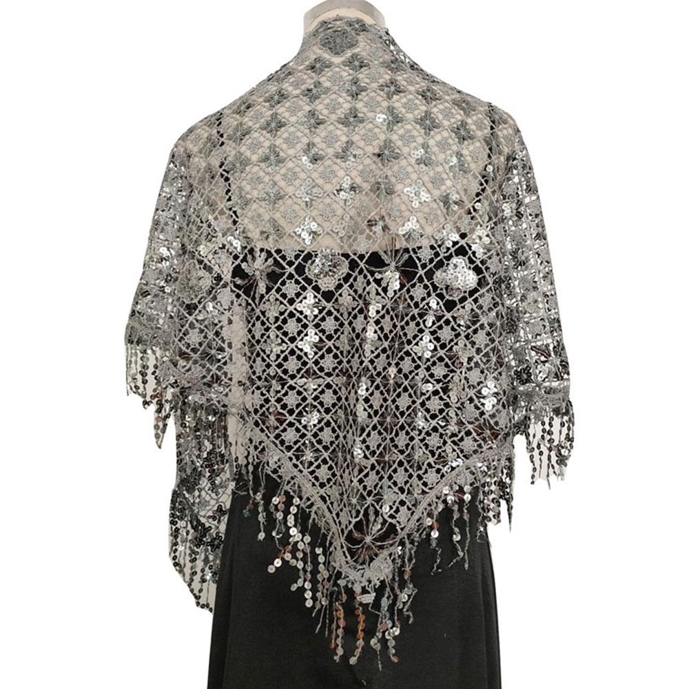 Полая треугольная кружевная шаль с блестками, свадебная женская роскошная вечерняя накидка, женский блестящий блестящий палантин, клубный шарф с кисточкой