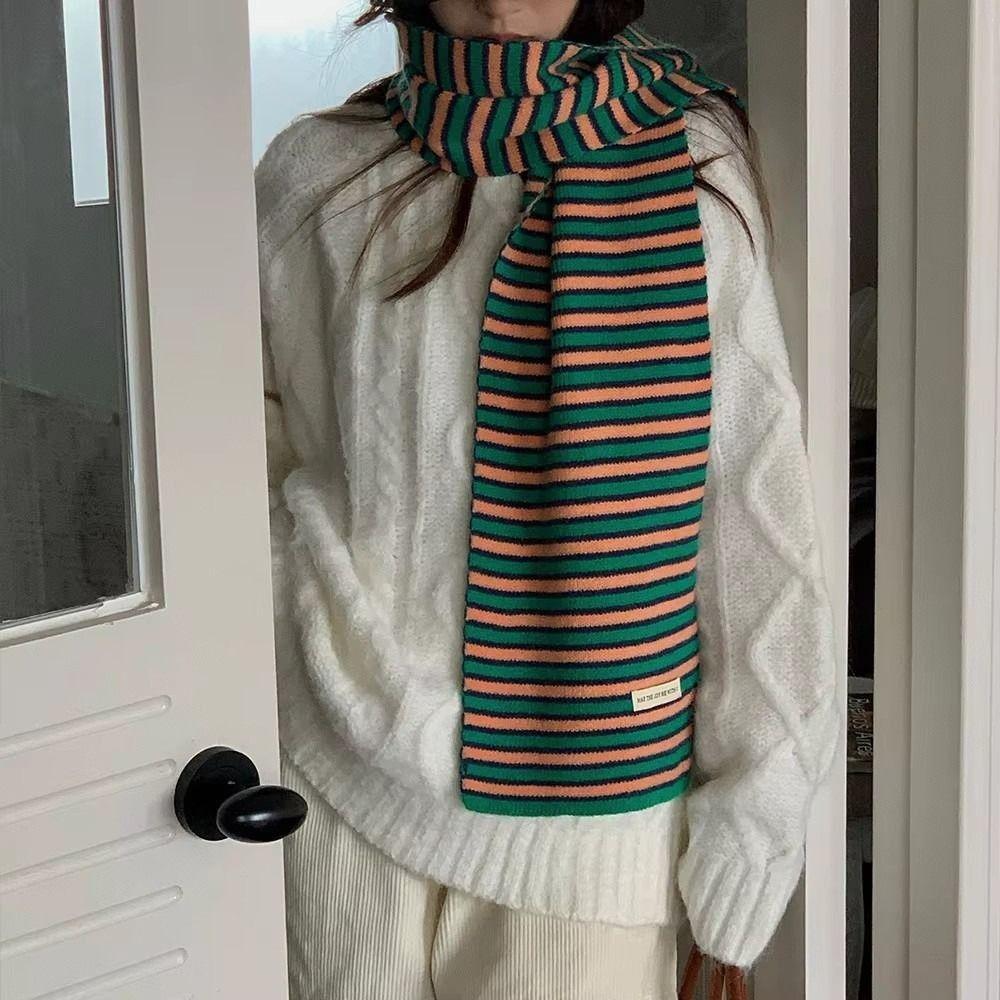 Korean Style Y2k Knitted Scarves Windproof Women Neckerchief Casual Knitted Stripe Scarf Female