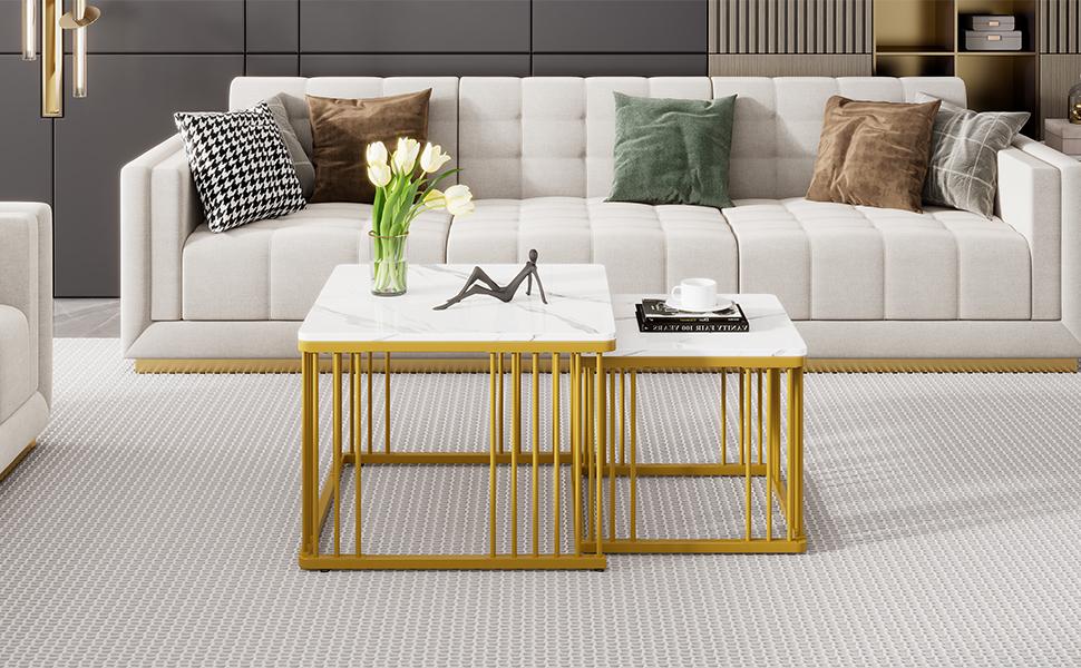 2-Piece Set of Square High-Gloss Marble-Look Coffee Tables, Nesting Tables with Golden Legs, 60*60*45cm and 45*45*40cm, Versatile