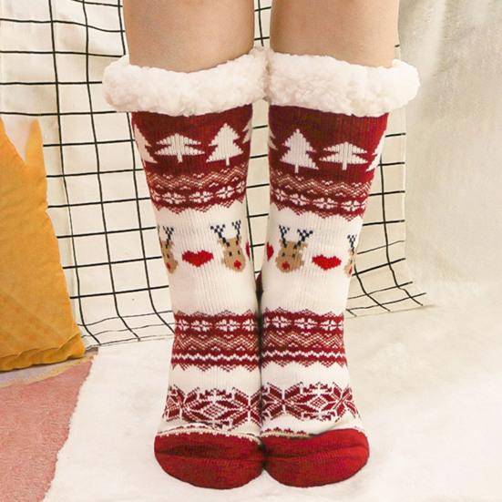 1 Pair Winter Floor Socks Thickened Fuzzy Plush Warmth Retention Christmas Elk Snowflake Print Leg Warmer Silicone Bottom Fall Winter Floor Socks
