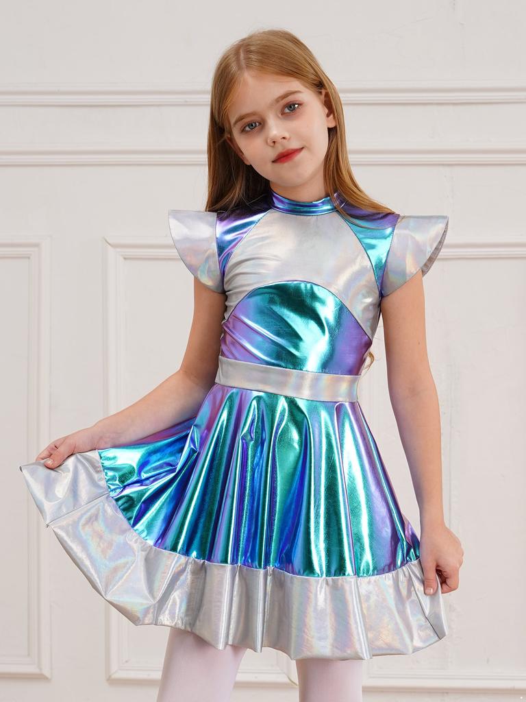 Girls Halloween Alien Cosplay Costume Glossy Outer Space Cutie Costume Roly Play Dress Fancy Dress Up Theme Party Performance