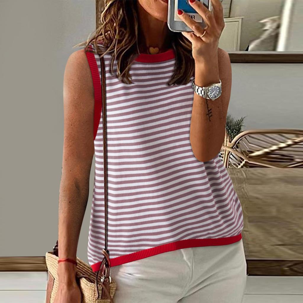 Женские летние топы, повседневная полосатая водолазка с цветными блоками, жилет, свободная рубашка без рукавов с высоким и низким вырезом, блузка