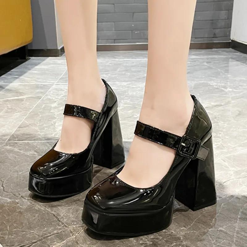 Женские туфли на высоком каблуке, лето 2024 г., элегантные однотонные туфли из искусственной кожи с квадратным носком для вечеринки, на толстой подошве, на толстом каблуке, женские туфли Мэри Джейн