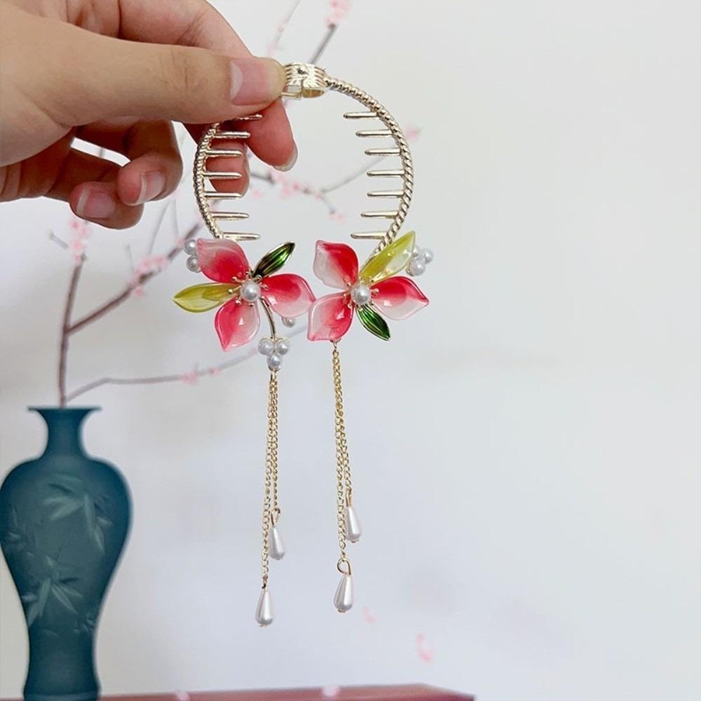 Pink Peach Blossom Bun Hairpin Imitation Pearl Round Bun Ponytail Holder Women Girls
