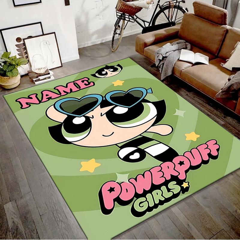 Custom The Powerpuff Girls Mat Personalized Name, Polyester Washable Indoor Entryway Rug, Gift for Christmas, Easter, Thanksgiving Day