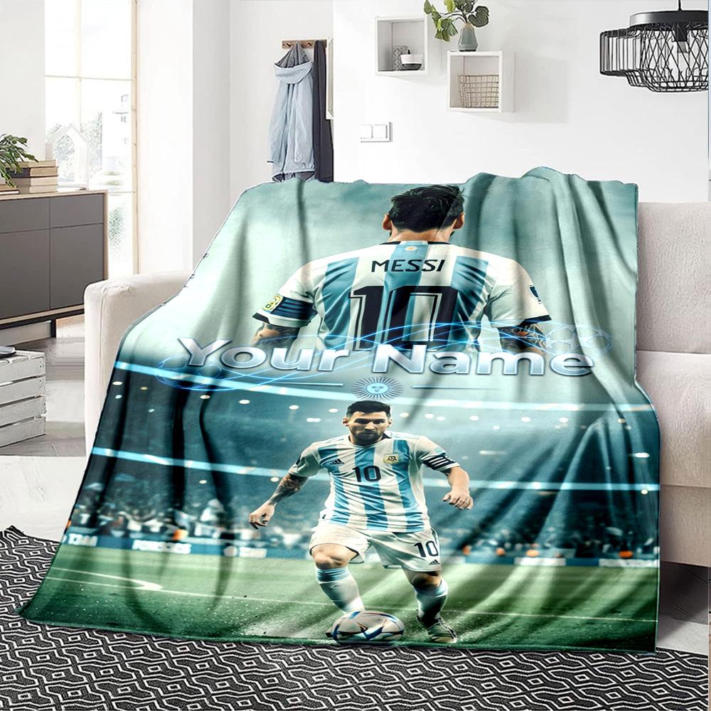 Football Messi Personalized Text Blanket Gift Customizable Blanket Soft Warm Cozy Throw For Picnics Nap Bed Sofa Ideal for All Seasons