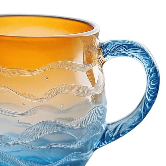 Yousheng Кружка «Закат над океаном» с волнистым узором, стакан для воды 350 мл, тематика океана, чашка для питья, художественная емкость для напитков для любителей пляжа