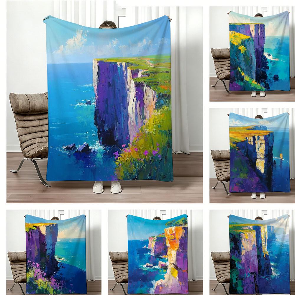Landscape Seas Edge Oil Painting Throw Lightweight g Flannel Blanket Soft Skinfriendly for Summer Cooling