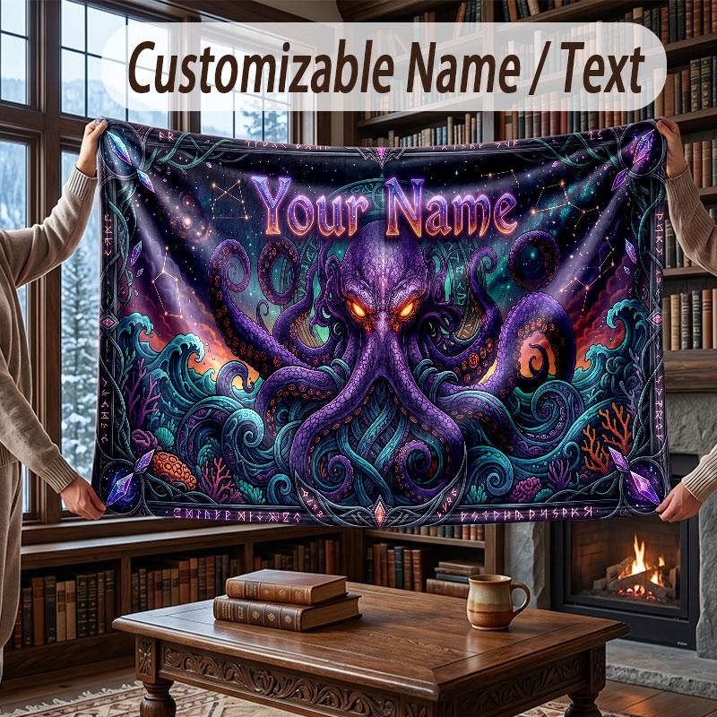 Octopus Sea Life Theme Throw Blanket Custom Name Text Personalized Blanket Soft Cozy Blanket for Home Sofa Bed