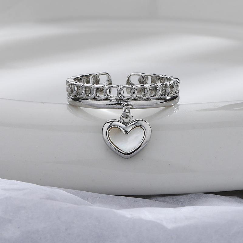 French Fashion Exquisite Niche Heart-Shaped Open Double-Layer Ring Cold Feeling Chain Love Fritillary Ring Tide